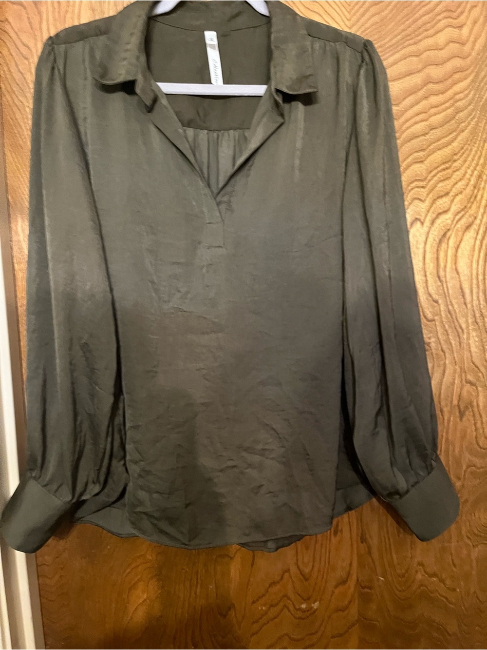 NY Collection Olive Green V-Neck Long Sleeve Blouse - Picture 6 of 9
